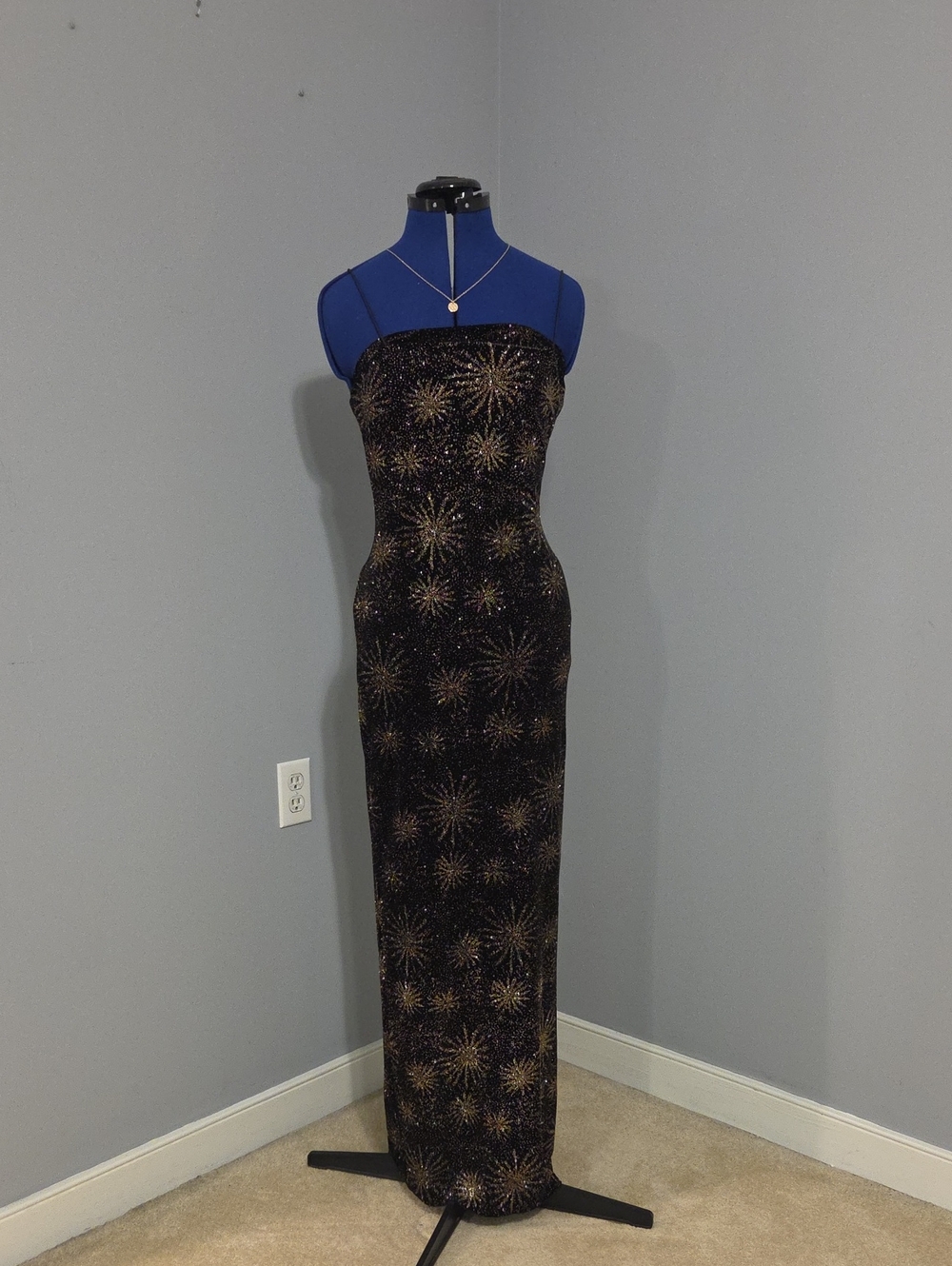 Morgan & Co. Black Strapless Sequin Gown with Gold Starburst Motif